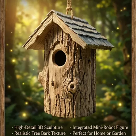 3D Printable Stylized Tree Trunk Birdhouse STL - Friendly Bird House Figurine - Fantasy Garden Decor - Digital Download