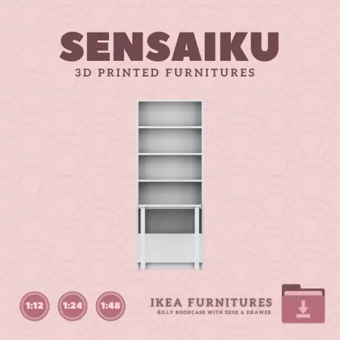Miniature Replica 16. Billy Bookcase with Desk and Drawer for Miniature Dollhouse IKEA 3D Print (1:1