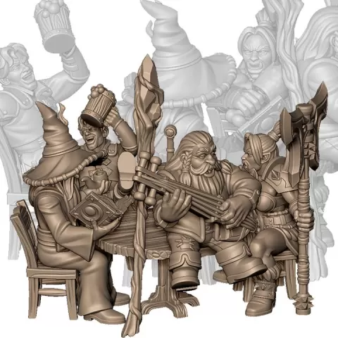 Team of adventure at tavern (warrior, swordman, wizard, musician) by Willy Kao