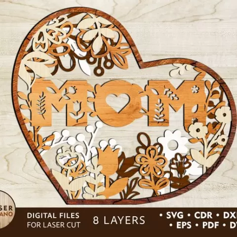 Mom Heart Multilayer SVG Laser Cut Files - 8 Layer Floral Wall Art Laser Cut Template DXF AI CDR