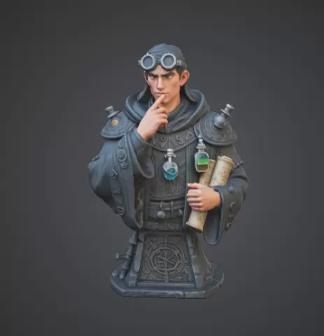 Arcane Alchemist Bust – Fantasy Potion Master with Goggles