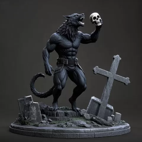 3714 Werewolf Howling with Skull - Minimalist Statue, magic, dragon, serpent, mask, gnome, gorgon, venetian carnival, wild, fox, monster, cat, fair, witch, werewolf, horror, beast, snake, troll, skeleton, STL