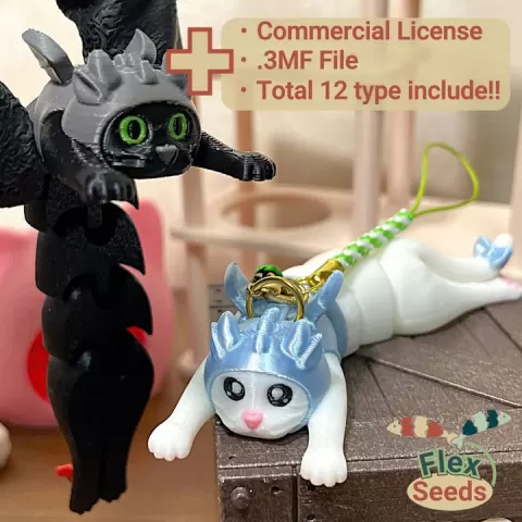 Flexi Dragon Costume Cat Set – Articulated Cute Cat Desk Toy STL, Print in Place by 3D Flexseeds