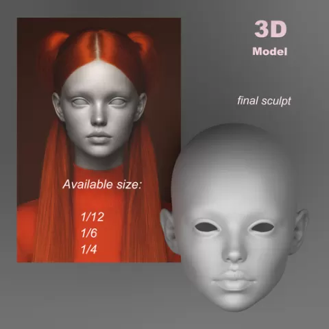 BJD doll head Koli, 1|12 BJD head, 1|6 doll head, 1|4 ball jointed doll head, anime head, head, 3d printed doll head, STL doll, ooak