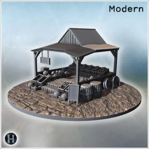 Rustic market stall displaying various goods on wooden crates and barrels (3) - Modern WW2 WW1 World War Diaroma Wargaming RPG Mini Hobby