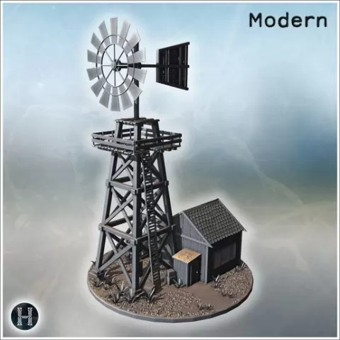 Weathered windmill with a tall wooden frame and attached weather vane (1) - Modern WW2 WW1 World War Diaroma Wargaming RPG Mini Hobby