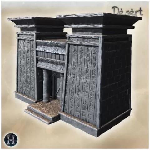 A stone structure with hieroglyphic carvings and an arched doorway (73) - Canyon Sandy Landscape 28mm 15mm RPG DND Nomad Desertland African Middle East