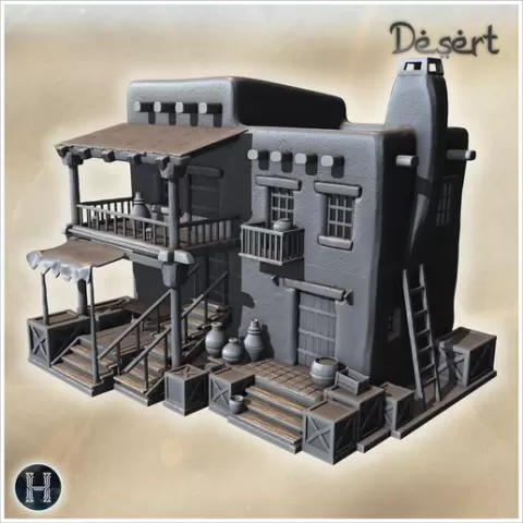 A building with a balcony, stairs, and various containers and tools (72) - Canyon Sandy Landscape 28mm 15mm RPG DND Nomad Desertland African Middle East