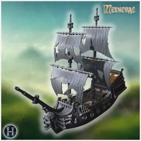 Detailed pirate galleon with tattered sails and a skull figurehead (4) - Medieval Gothic Feudal Old Archaic Saga 28mm 15mm RPG