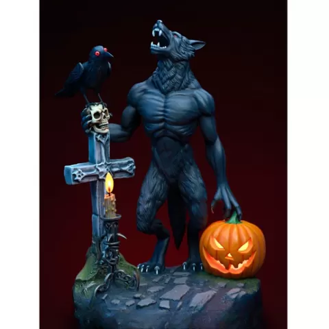 3213 Werewolf Howling with Skull - 3D Model, magic, dragon, serpent, wood, gnome, gorgon, warrior, wild, fox, monster, cat, fair, witch, werewolf, horror, beast, snake, skeleton dance, Halloween, 3d, STL