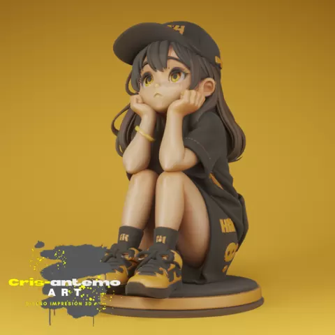 Anime Kawaii Figure Kawaii Girl Sitting with Cap - Collectible 3D Model for Printing