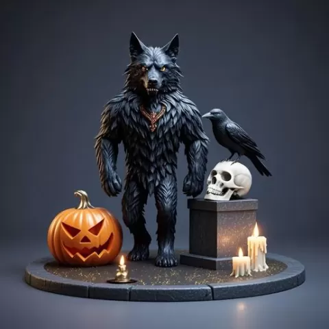 3141 Werewolf Howling with Skull - 3D Model, magic, dragon, serpent, wood, gnome, gorgon, warrior, wild, fox, monster, cat, fair, witch, werewolf, horror, beast, snake, skeleton dance, Halloween, 3d, stl