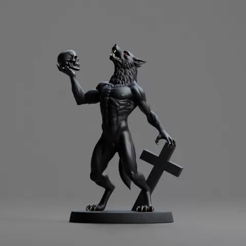 3082 Werewolf Howling with Skull - 3D Model, magic, dragon, serpent, wood, gnome, gorgon, warrior, wild, fox, monster, cat, fair, witch, werewolf, horror, beast, snake, skeleton dance, Halloween