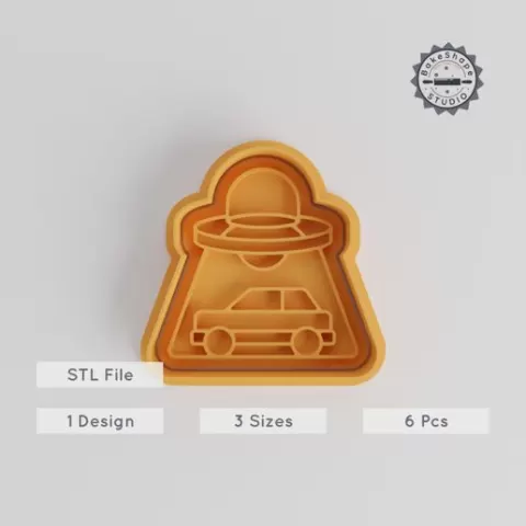 UFO Taking Car Cookie Cutter & Stamp Set, Alien Abduction Design, 6-Piece Pack, S/M/L Sizes, Perfect for Cookies & Fondant