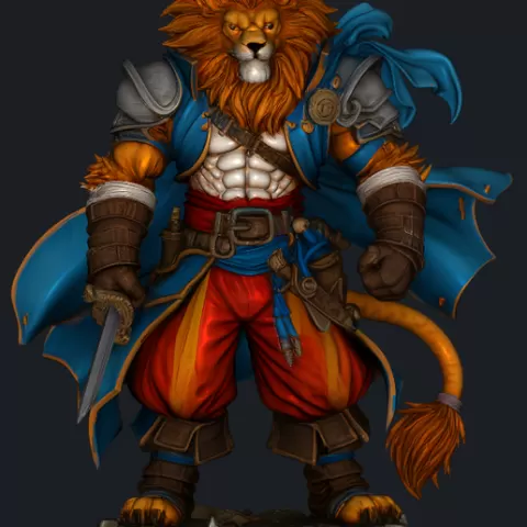 Roarthorne STL – Fantasy Lion Warrior Figurine with Sword, Cape, and Pedestal 3D Model for Printing