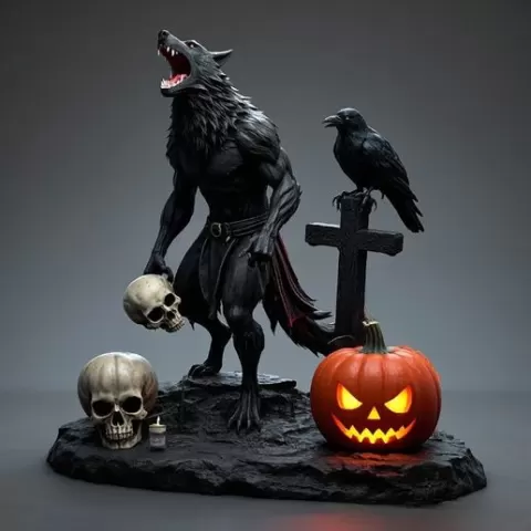 2705 COLORFUL Werewolf Howling with Skull - 3D Model, Halloween, fox, spider, troll, cat, gorgon, wild, bat, monster, gothic, wizard, witch, werewolf, horror, beast, mutant spider, skeleton, skull