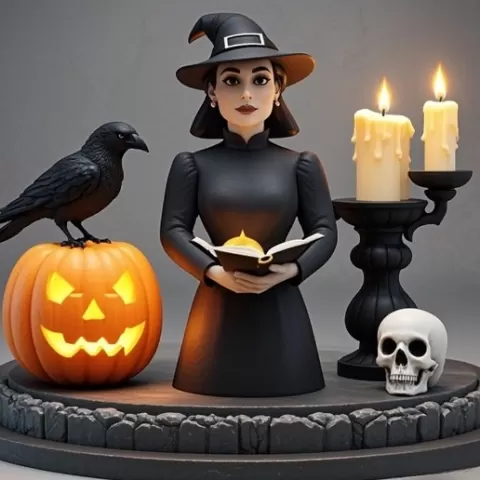 2529 Halloween Witch with Spell book, Skull, Raven and Pumpkin - Color 3D Model on Pedestal, Halloween, magic, spider, mask, gnome, gorgon, wild, bat, monster, mutant, fair, witch, werewolf, horror, beast, mutant spider, skeleton, skull