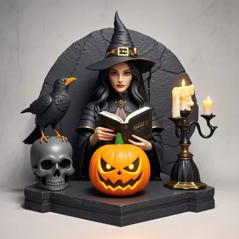 2530 Halloween Witch with Spell book, Skull, Raven and Pumpkin - Color 3D Model on Pedestal, Halloween, magic, spider, mask, gnome, gorgon, wild, bat, monster, mutant, fair, witch, werewolf, horror, beast, mutant spider, skeleton, skull