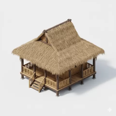 Traditional Stilted Wooden House with Thatched Roof – Tropical Village 3D Model
