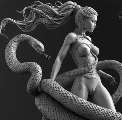Futuristic Mythology: An Intricate Sculpture in Shades of Gray Showcases a Moment of Unity Between Human Strength and Serpent Power