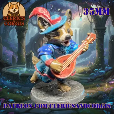 Songpaw the Bard: 35mm Corgwyn Musician, Entertainer, or Skald Hero Mini for D&D & TTRPG Adventures (Pre-Supported)