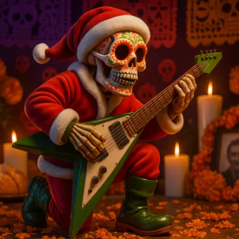 Rockin’ Santa Sugar Skull with Guitar – Heavy Metal Christmas Decoration – Unique Holiday Figurine