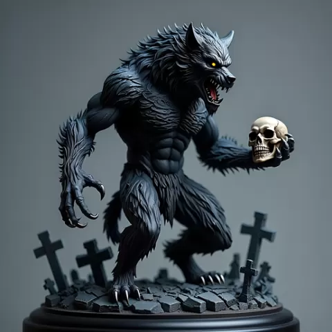 2314 Werewolf Howling with Skull - 3D Model, magic, dragon, serpent, wood, gnome, gorgon, warrior, wild, fox, monster, cat, fair, witch, werewolf, horror, beast, snake, troll, skeleton dance