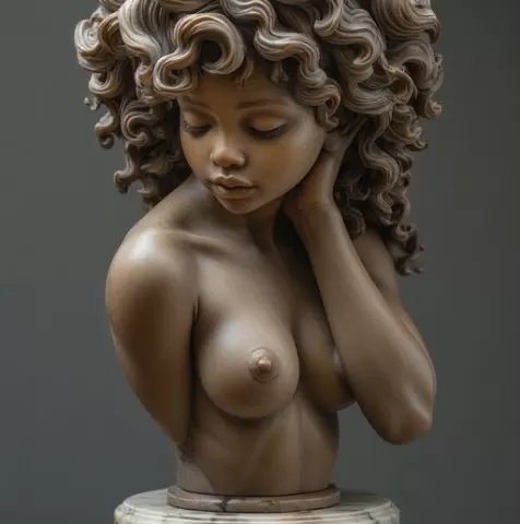 A beautifully sculpted bust of a woman with voluminous, curly hair.