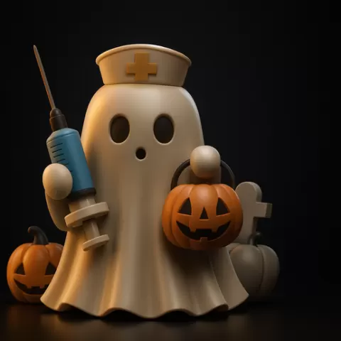 Cute Ghost Nurse with Pumpkin & Syringe – Halloween Decor, Spooky Ghost Figurine, Trick or Treat Decoration