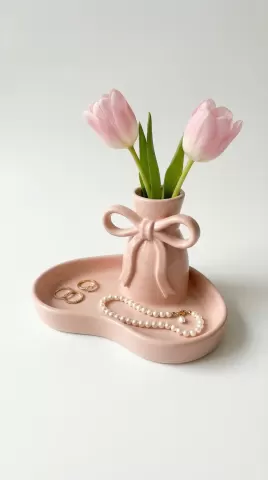 Coquette Ribbon Bow Vase and Jewelry Dish Tray - Romantic Aesthetic Vanity Organizer