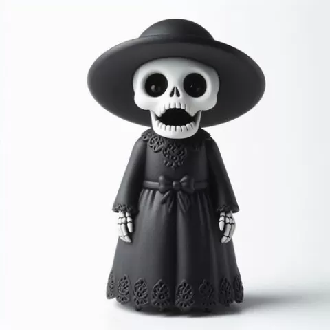 Halloween Horror Skull 3D Print – Skull in Black Dress and Cap, Spooky Decorative Figurine