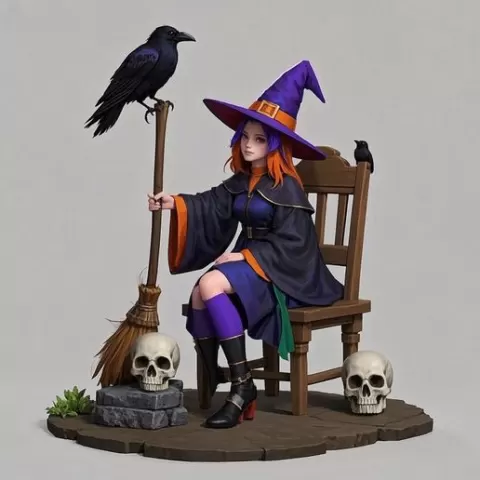 1682 Witch with Raven and Skulls - Color 3D Printed Statue, magic, dragon, serpent, mask, gnome, gorgon, venetian carnival, wild, fox, monster, cat, fair, witch, werewolf, horror, beast, snake, troll, skeleton dance
