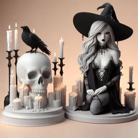 1681 Witch with Raven and Skull - 3D Printed Statue, magic, dragon, serpent, mask, gnome, gorgon, venetian carnival, wild, fox, monster, cat, fair, witch, werewolf, horror, beast, snake, troll, skeleton dance