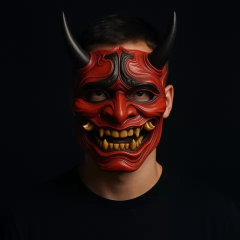 Oni Demon Mask – Japanese Samurai Style Horror Mask with Horns – Cosplay, Halloween, Wall Art, Collectible