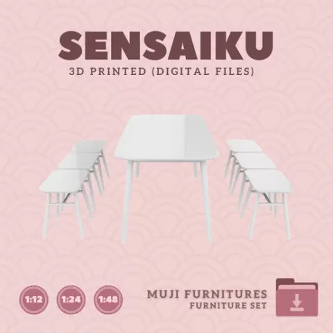 Miniature Replica 04. Dining Table 70 In and Chair Set V4 for Miniature Dollhouse - Muji - 3D Print Instant Download
