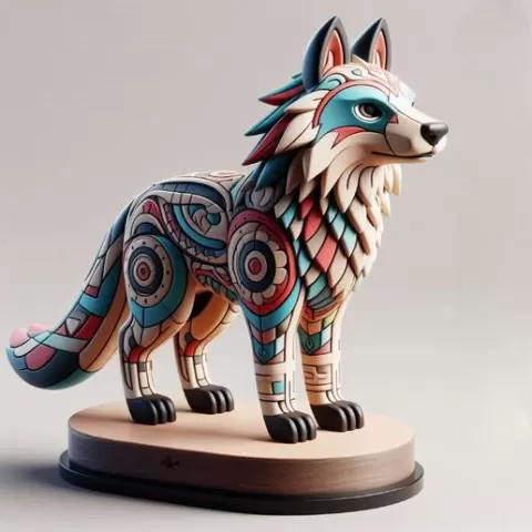 1021 Color 3D Model of a Totem-Style Wolf on a Pedestal, pug, dachshund, poodle, cat, dog, monkey, elephant, beagle, bear, lion, fox, faun, pomeranian, troll, platypus, majestic, totem, fantasy, crocodile