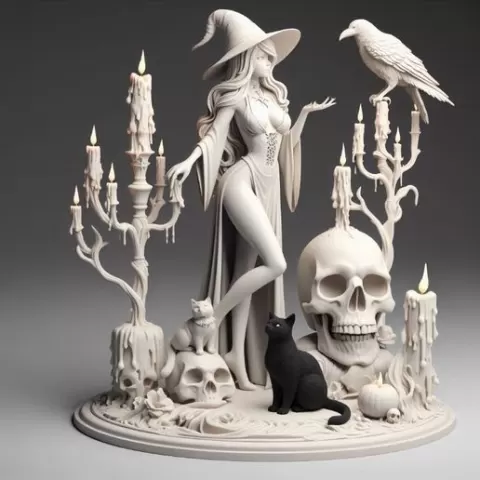 379 Elegant Witch with Candles, Raven, and Black Cat - Full-Body Figurine, magic, collectible, creature, dinosaur, sculpture, bear, bear, monkey, witch, fairy, knight, cat, fantasy, art, viking, dragon