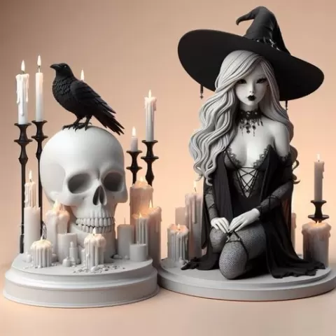 373 Elegant Witch with Candles, Black Raven - Full-Body Figurine, monster, animal, model, 3d model, statue, 3d print, low poly, creature, sculpture, cat, fantasy, art, dragon, wood, base, sword, warrior, wild, dog