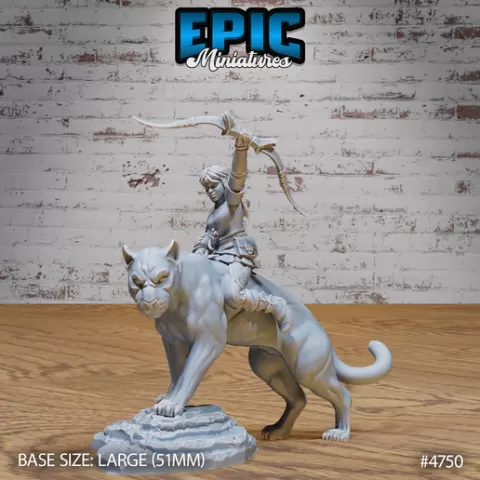 Hunter Girl Rider Black Panther ‧ DnD Miniature ‧ Tabletop Miniatures ‧ Gaming Monster ‧ 3D Model ‧ RPG ‧ DnDminis ‧ STL FILE