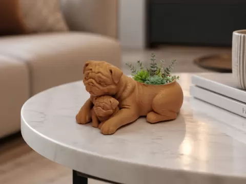 Mopsduo "Pfotenliebe" Pflanzschale mit Welpe
