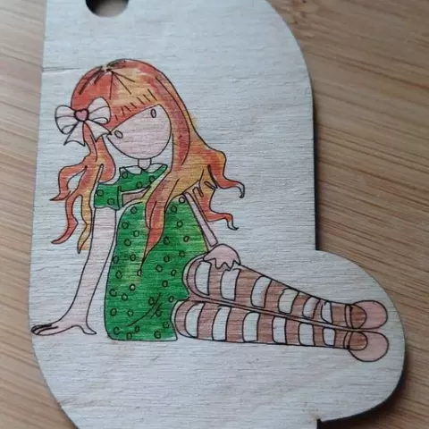 Pendant keychain "Amelia who waits ", designed inspired by Anime Goryuss Santoro dolls, file dxf laser cut on 3mm wood, h90mm, by Vivedo3D