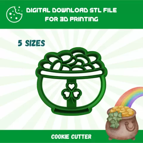 Cutty Clay STL Pot of Gold Cookie Cutter STL File - 5 Sizes for 3D Printing, St. Patrick's Day Baking and Crafts