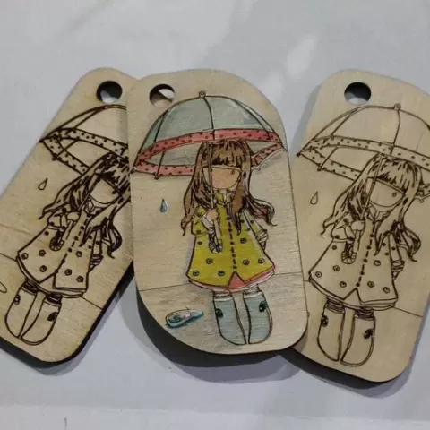 Pendant keychain "Ludovica under the umbrella", file svg dxf, designed inspired by Anime Gorjuss Santoro dolls, laser cut on 3mm wood, h90mm, by Vivedo3D
