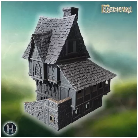 Large medieval house with steep roofs, timber framing, and stone walls with intricate details (44) - Medieval Gothic Feudal Old Archaic Saga 28mm 15mm RPG