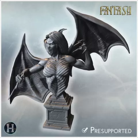 Bat-winged vampire woman with talons, spread wings, and fierce expression on rocky base (26) - Medieval Fantasy Magic Feudal Old Archaic Saga 28mm 15mm