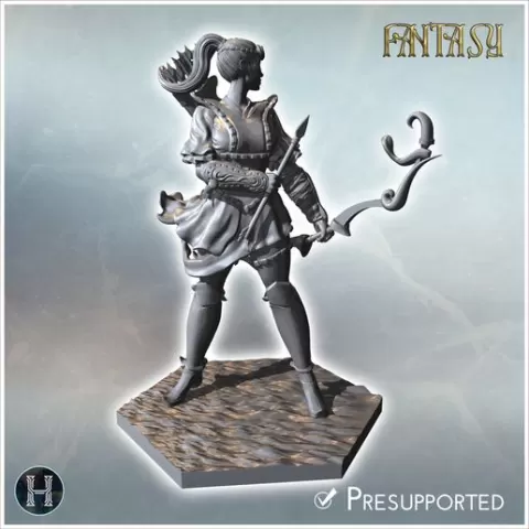 Armored female archer standing confidently, equipped with quiver, bow, and intricate armor details (3) - Medieval Fantasy Magic Feudal Old Archaic Saga 28mm 15mm