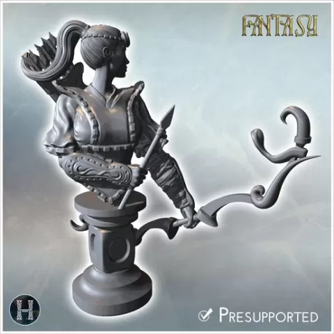 Female bust of an archer in armor, detailed bracers, holding a bow and arrow, mounted on a pedestal (2) - Medieval Fantasy Magic Feudal Old Archaic Saga 28mm 15mm