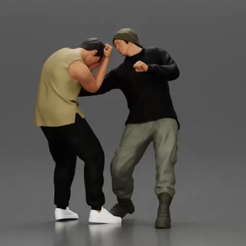 Asian Man in Casual Hoodie and Cargo Pants Defending Against Attack in Intense Fight by 3DGeschaft Miniatures Figures