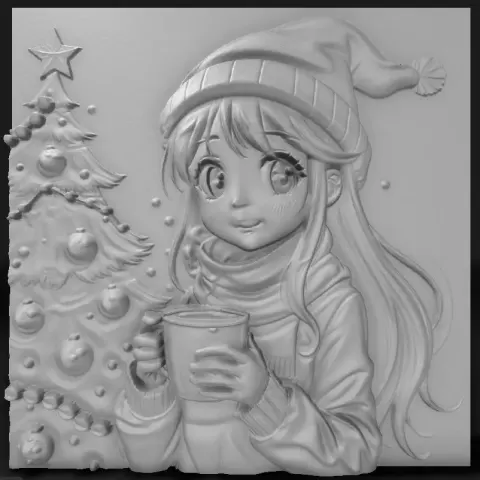 Christmas anime girl near the tree with mug of hot chocolate