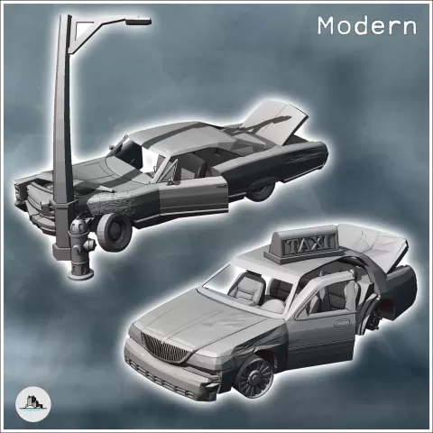 Set of two destroyed cars with street lamp and accident scenby Hartolia Miniatures